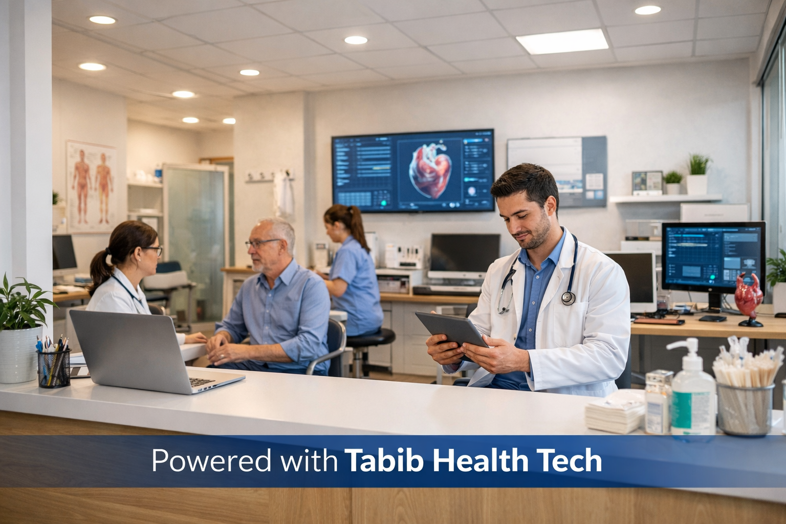 Modern clinical office with doctor using technology and digital displays — Tabib Health Tech healthcare IT services